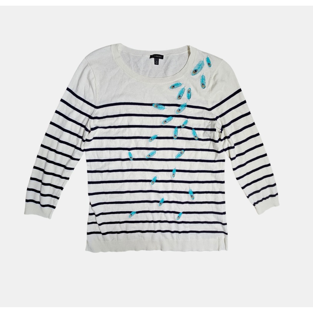Talbots Embroidered Feathers Striped Sweater Peacock Womens S Cotton Rayon